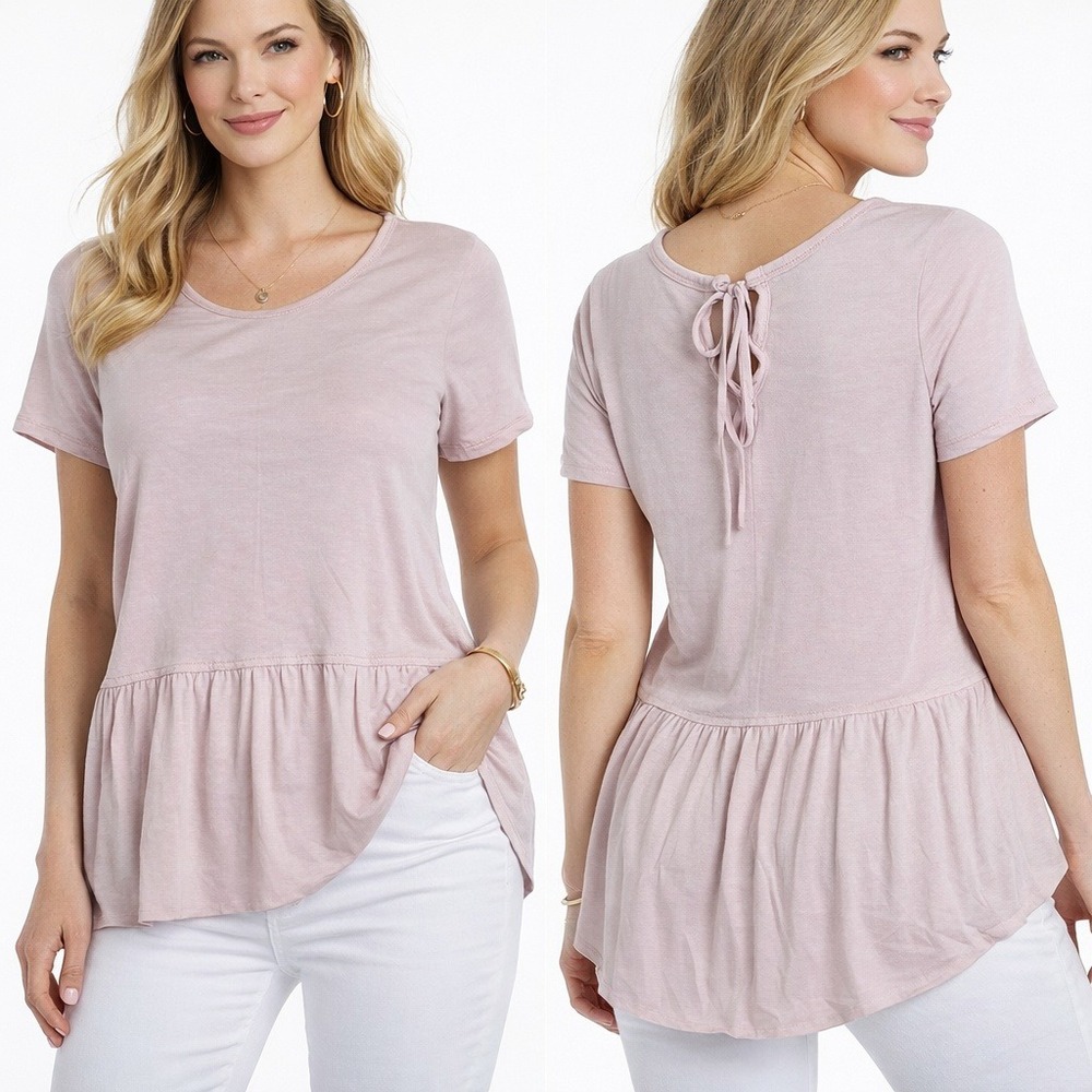 Mote Tunic Top‎ Pink Lace Up Back Tiered Ruffle Peplum High Low Medium